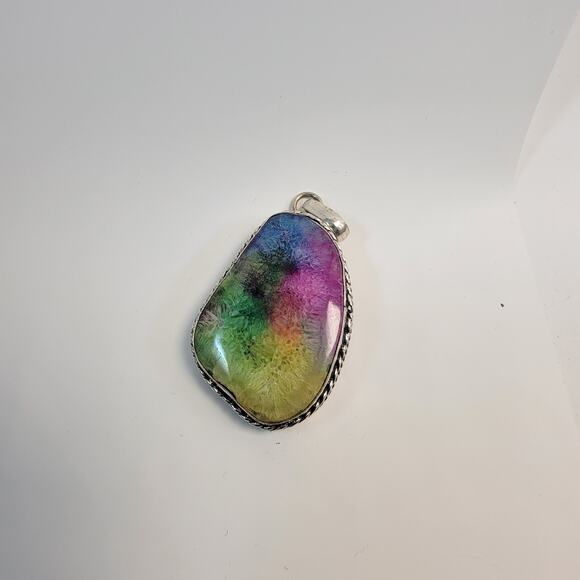 Handmade Fluorite Gemstone Pendant in Sterling Silver Colorful Statement Jewelry - Picture 1 of 10